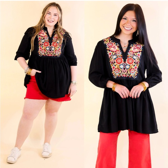 Savanna Jane Black Embroidered Tunic Top Size Large L - Picture 1 of 7